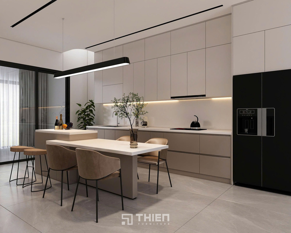 Tủ Bếp Chữ I Dài 4m Với Đảo Bếp Kèm Bàn Ăn TBT132